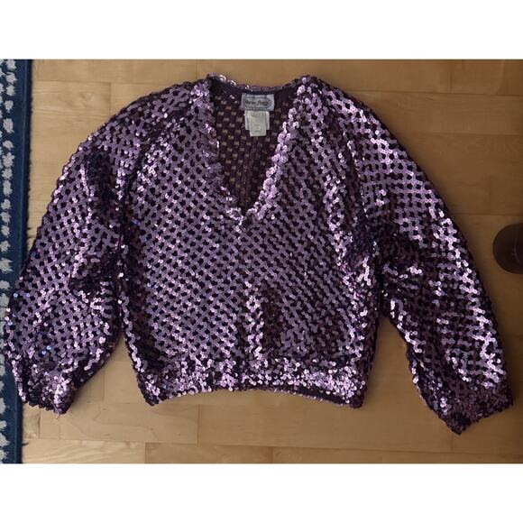 VTG Three Flags Sequin V Neck Balloon Sleeve Purple Top S - Picture 1 of 4